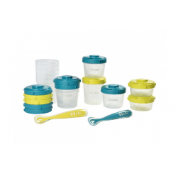 Beaba Pack  premier repas 12 potitos + 2 cucharas verde/azul